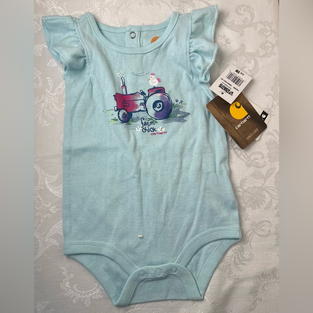 Carhartt Light Blue Baby Bodysuit with Red Tractor and Chick Graphic